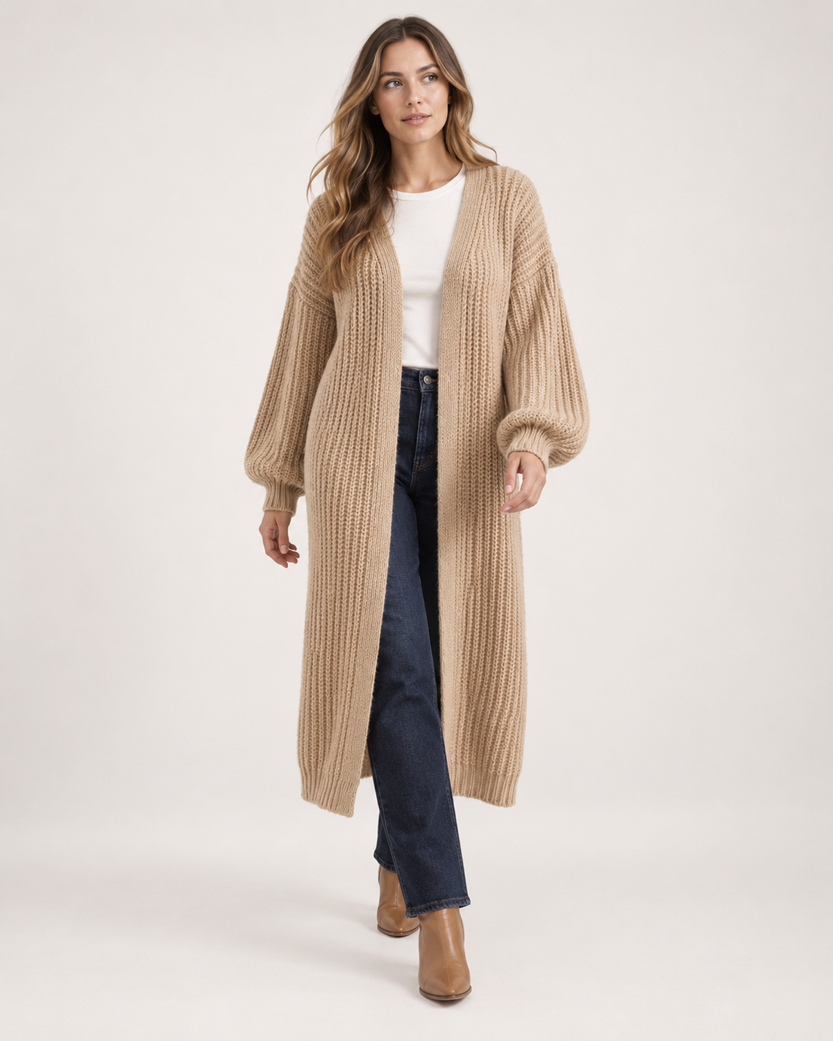 Women’s Long Cardigan with Balloon Sleeves in Khaki, full body view