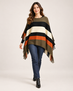 Women’s Poncho with Colour Block Design and Tassel Hem in Khaki, full body view