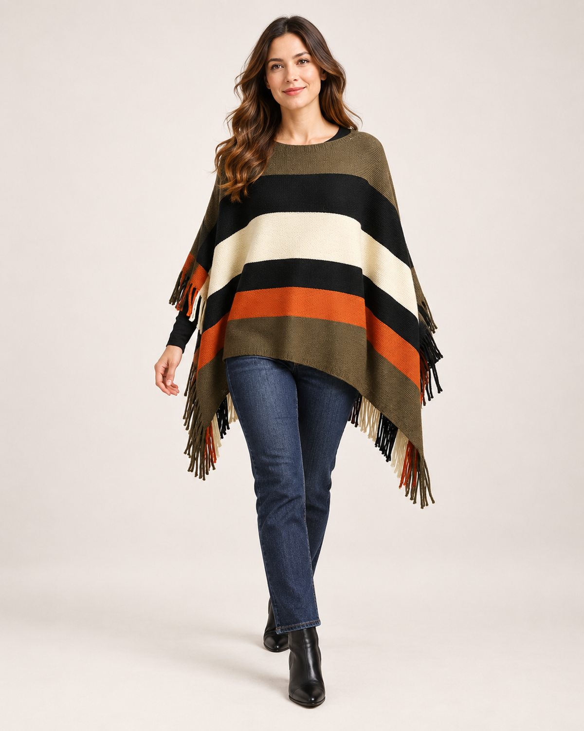 Women’s Poncho with Colour Block Design and Tassel Hem in Khaki, full body view