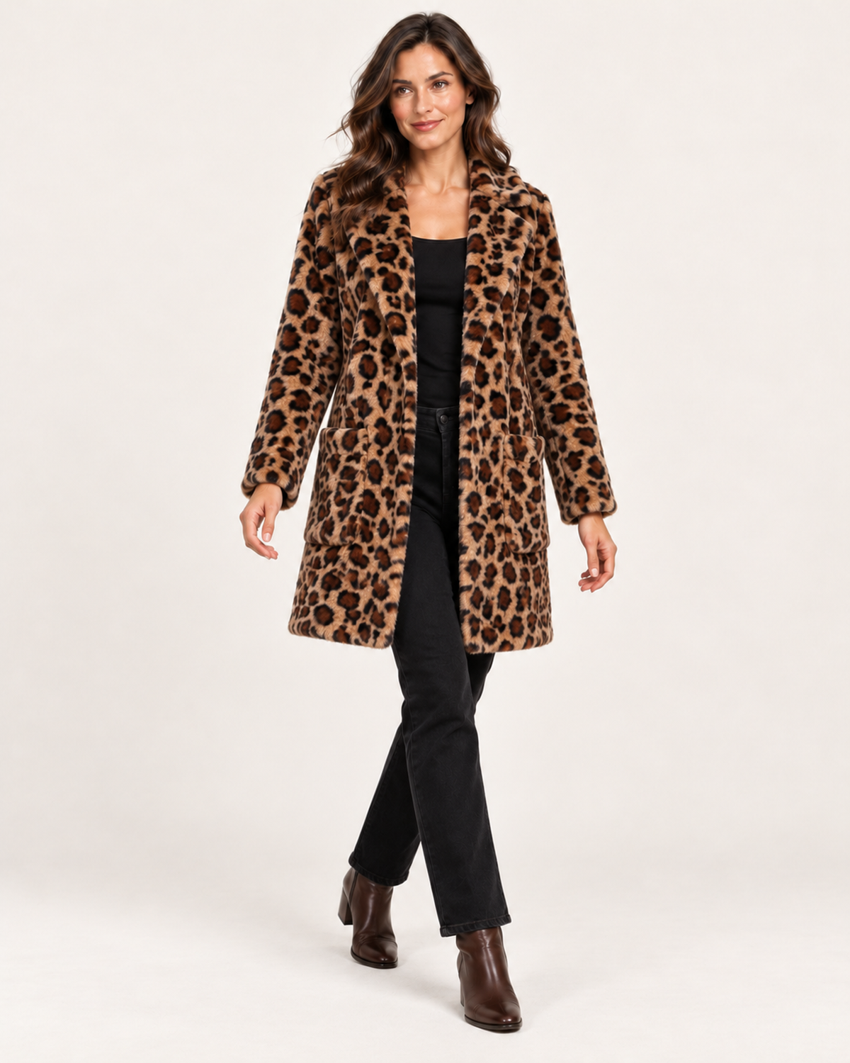 Women’s Faux Fur Coat with Leopard Print and Lapel Collar in Leopard Print, full body view