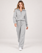 Women’s Tracksuit Set with Half-Zip Top and Wide-Leg Trousers in Light Grey, full body view