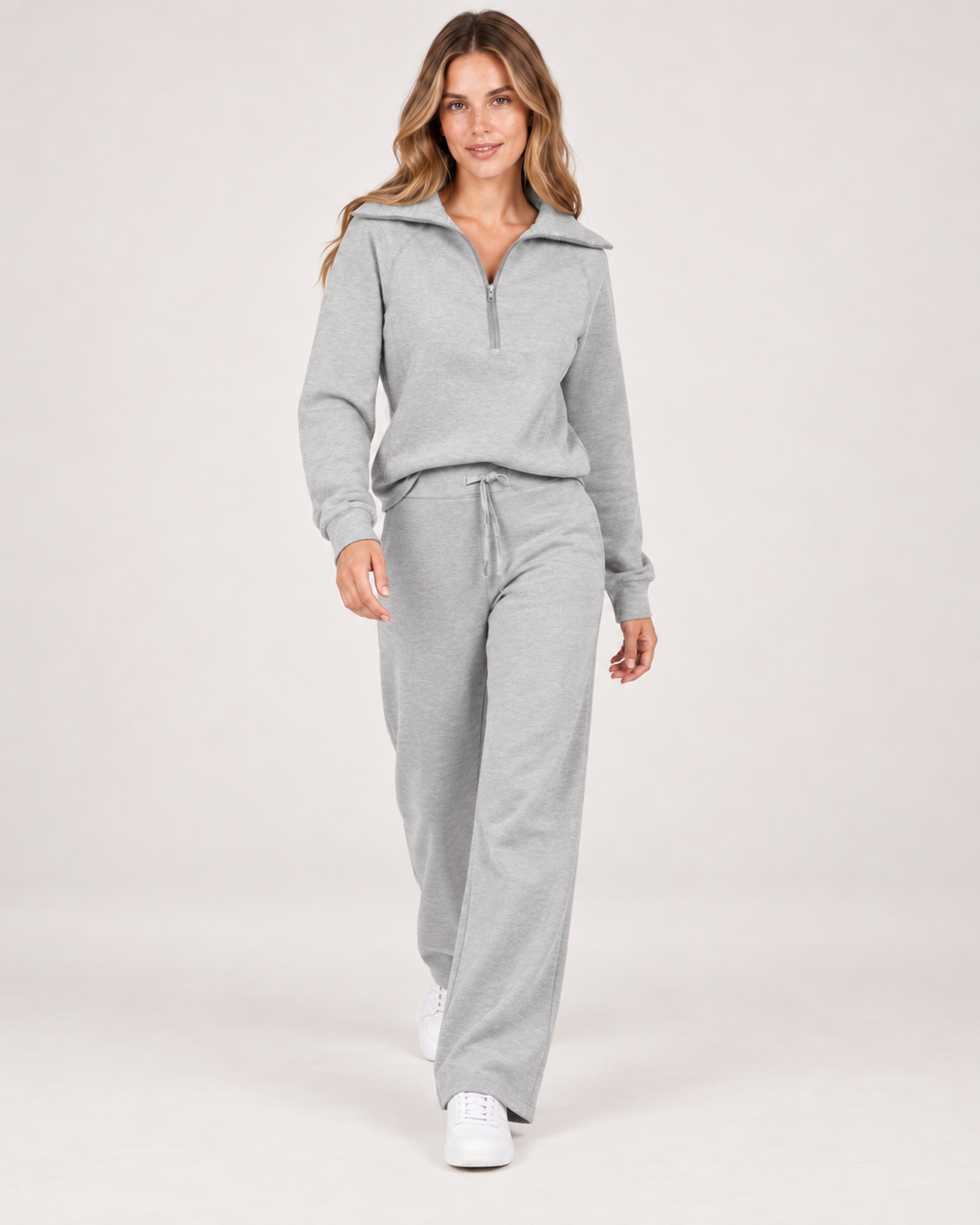 Women’s Tracksuit Set with Half-Zip Top and Wide-Leg Trousers in Light Grey, full body view