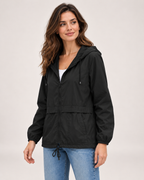Women's black lightweight hooded utility jacket three quarter view