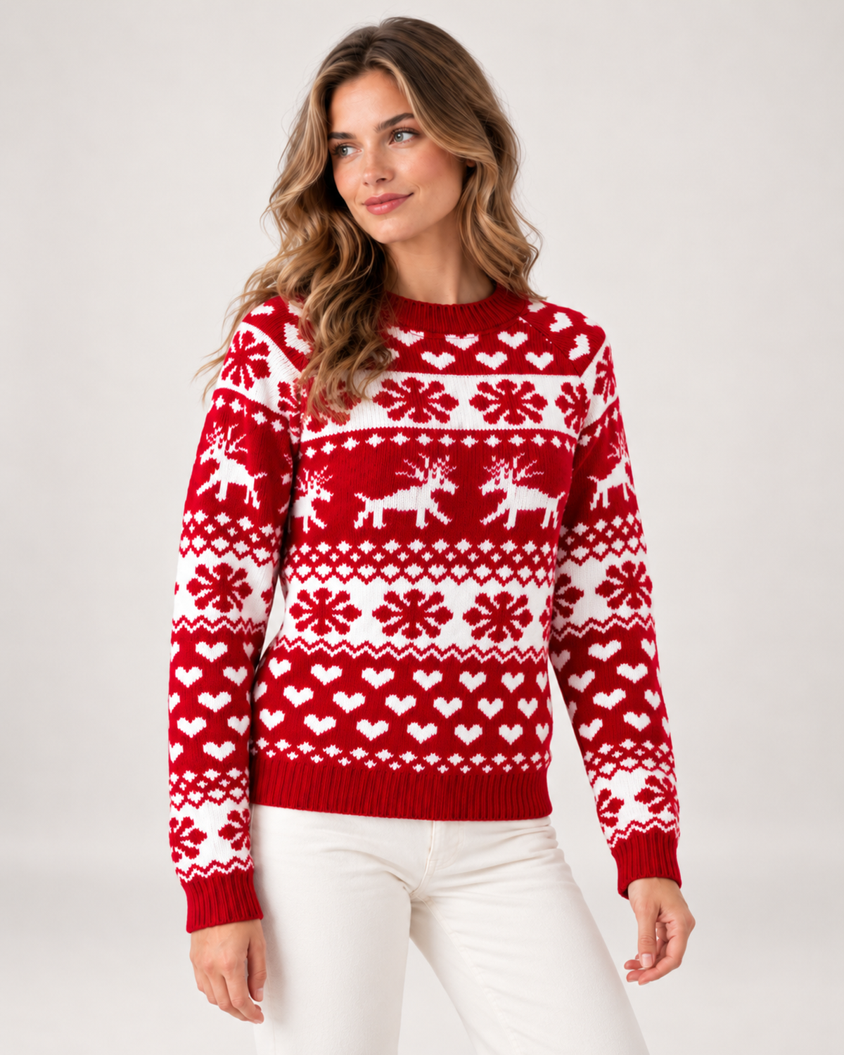Women's red Christmas jumper three quarter view
