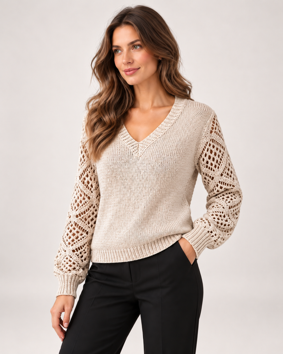 Women's beige V neck jumper with openwork sleeves three quarter view