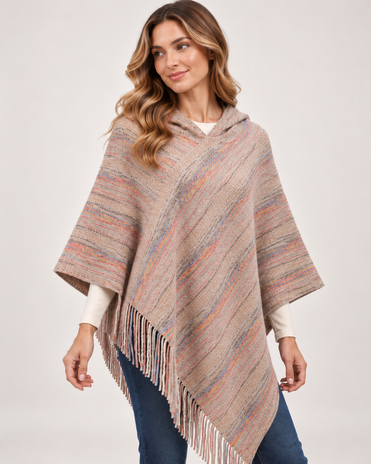 Women's apricot striped hooded poncho three quarter view