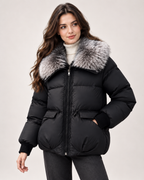 Women’s black puffer jacket with faux fur collar three quarter view
