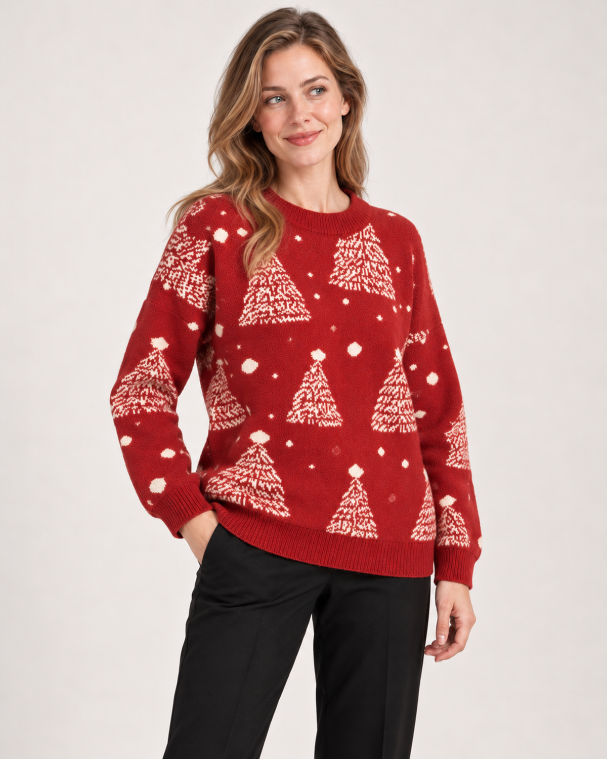 Women's red Christmas tree jumper shown from a three-quarter angle