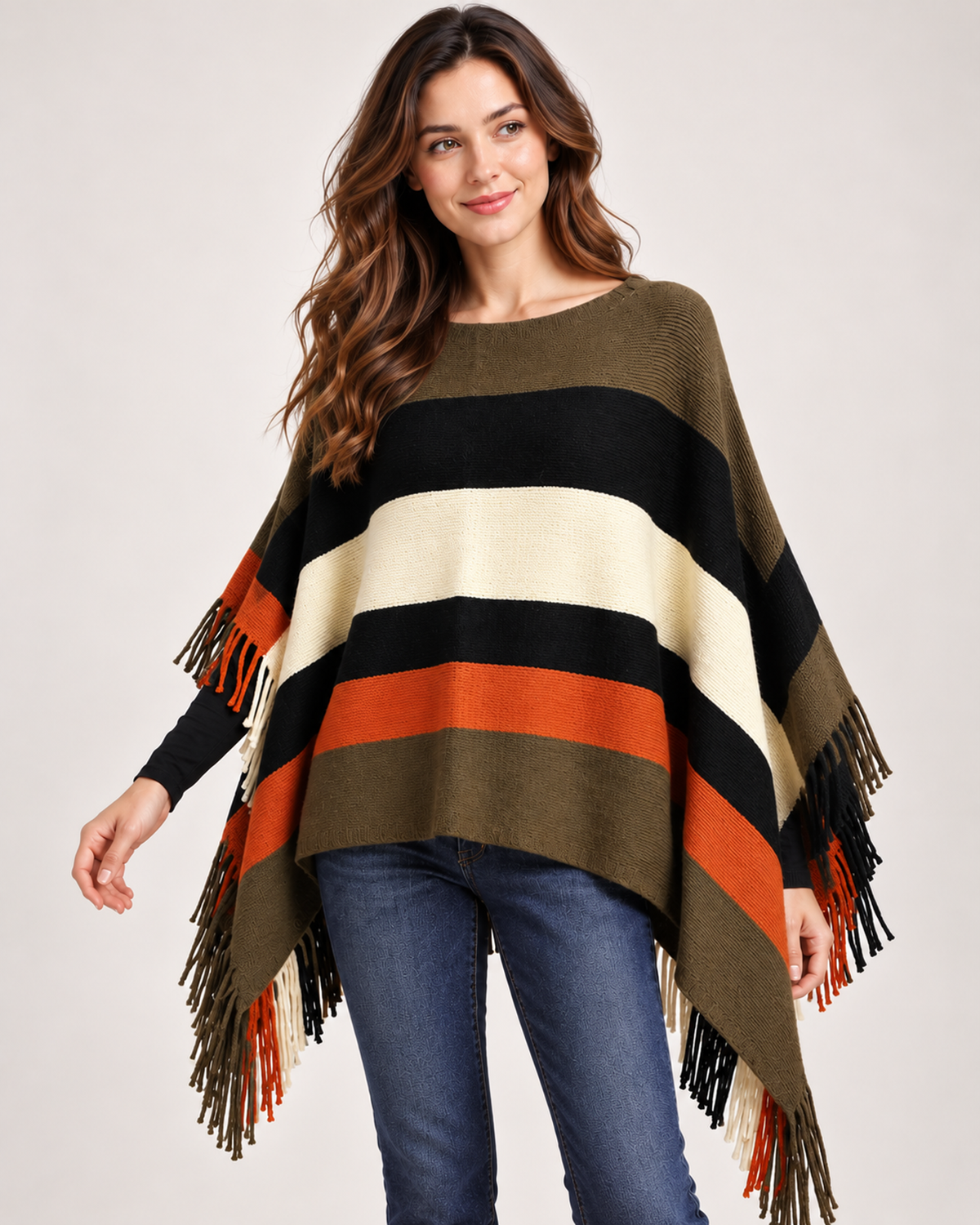 Women's khaki colour block poncho three quarter view