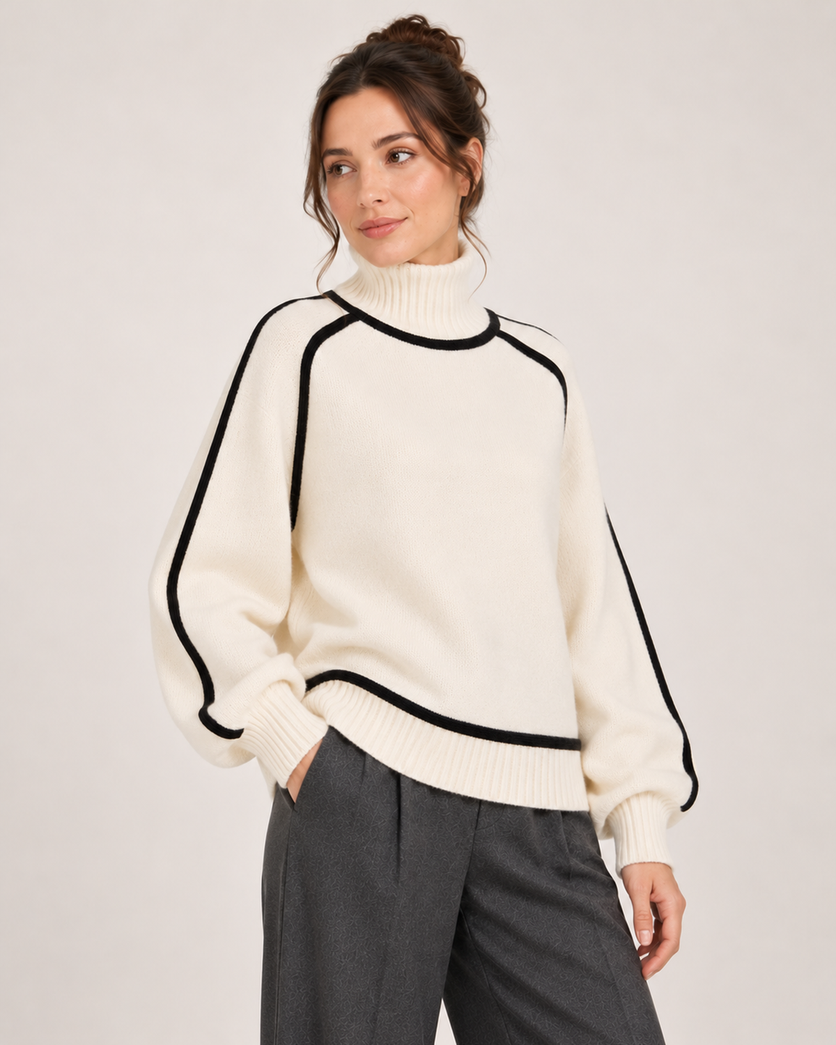 Women's white contrast trim turtleneck jumper three quarter view