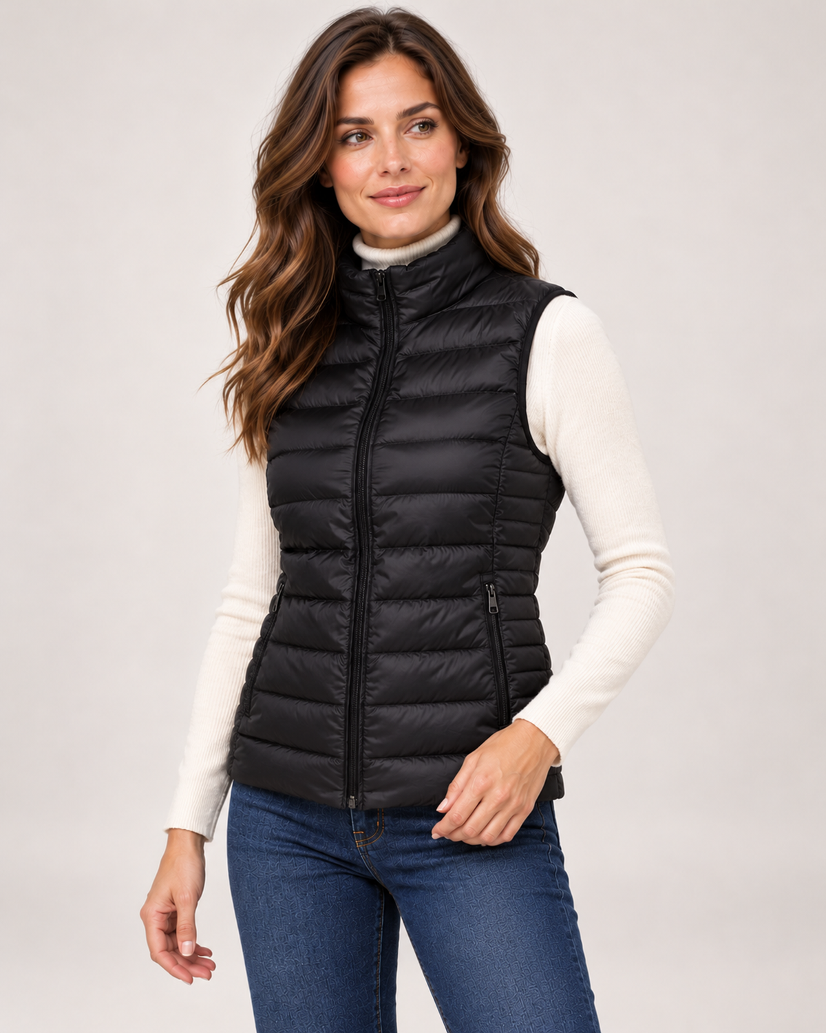 Women's black lightweight gilet three quarter view