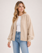 Women’s beige balloon sleeve cardigan – three-quarter view