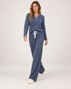 Women’s Pyjama Set with Ribbed Finish and Wide-Leg Trousers in Navy Blue, full body view