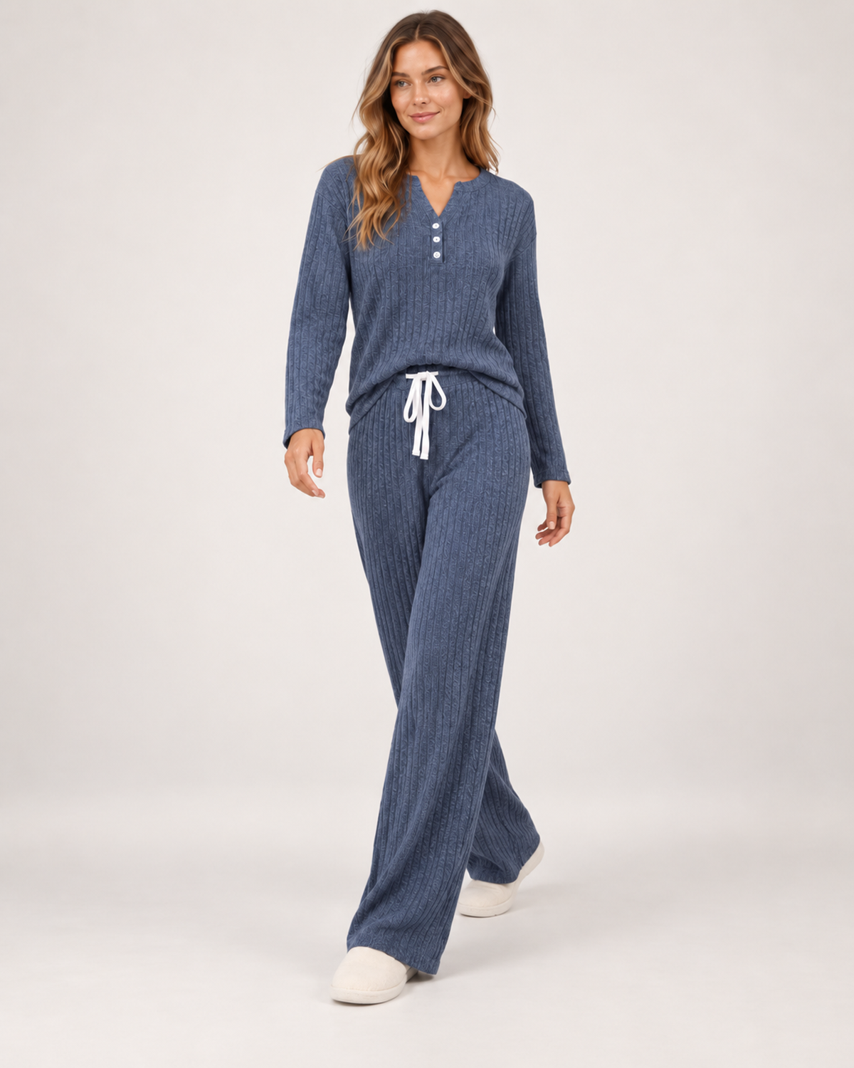 Women’s Pyjama Set with Ribbed Finish and Wide-Leg Trousers in Navy Blue, full body view