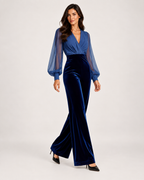 Women’s Wide Leg Jumpsuit with V Neck and Sheer Sleeves in Navy Blue, full body view
