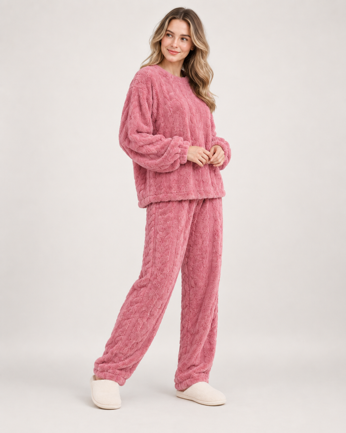 Women’s Pyjamas with Flannel Cable Pattern in Pink, full body view