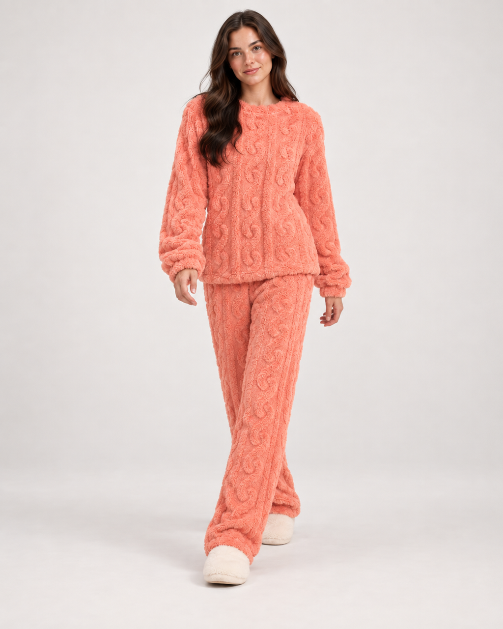 Women’s Fleece Pyjamas with Cable Pattern in Pink, full body view