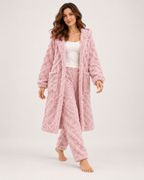Women’s Pyjama Set with Long Hooded Robe and Trousers in Pink, full body view