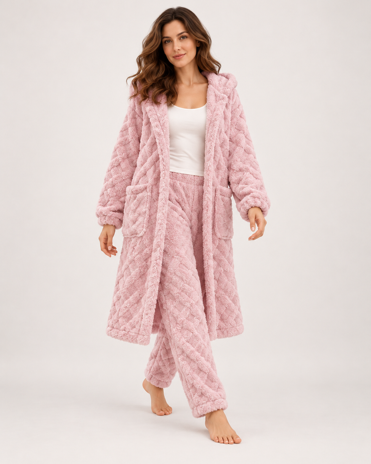 Women’s Pyjama Set with Long Hooded Robe and Trousers in Pink, full body view
