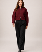 Women’s Zip Up Cardigan with Funnel Neck in Red, full body view