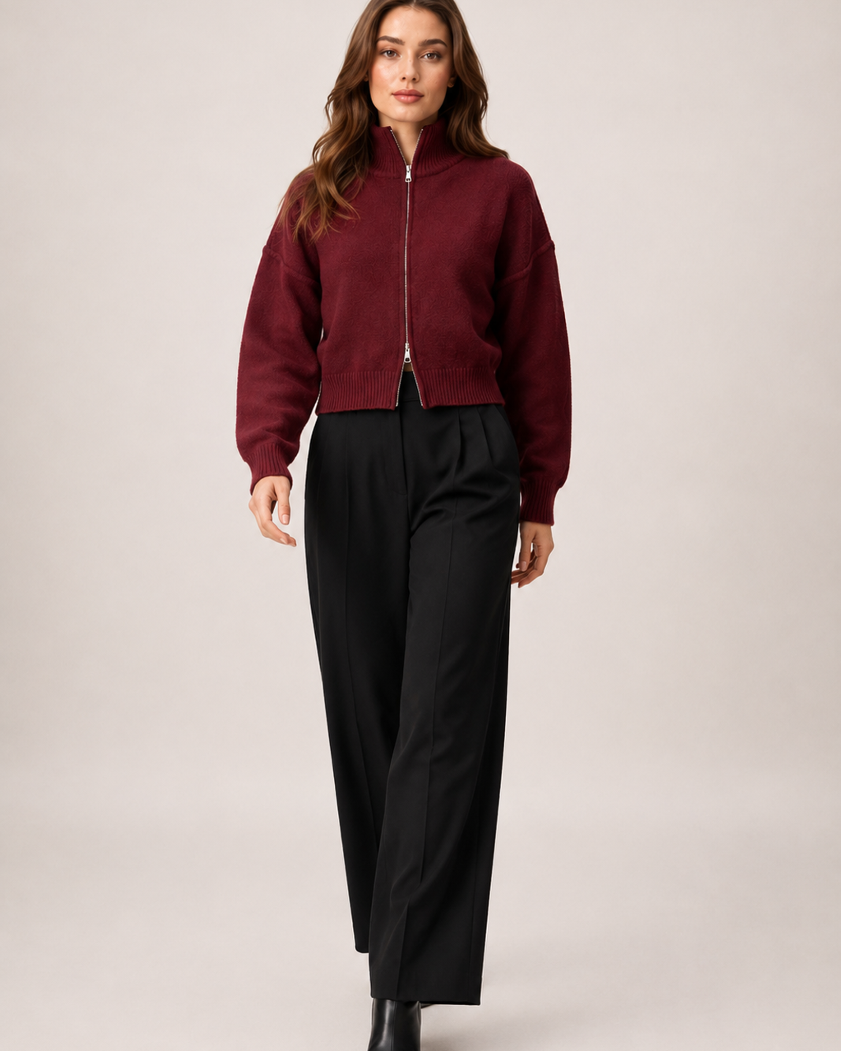 Women’s Zip Up Cardigan with Funnel Neck in Red, full body view