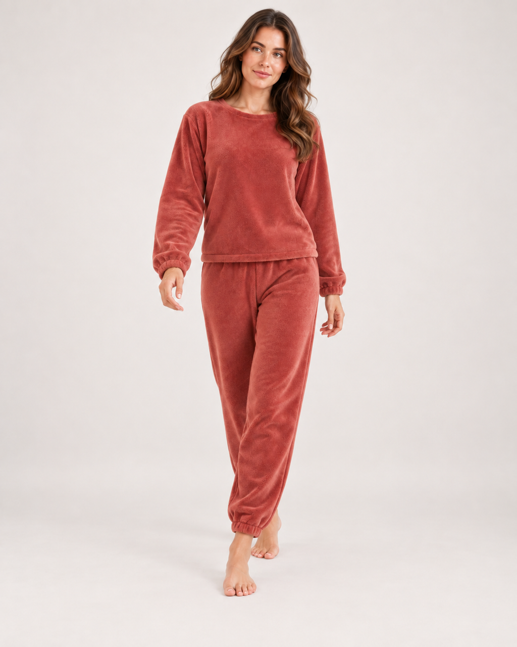Women’s Fleece Loungewear Set with Crew Neck and Joggers in Red, full body view