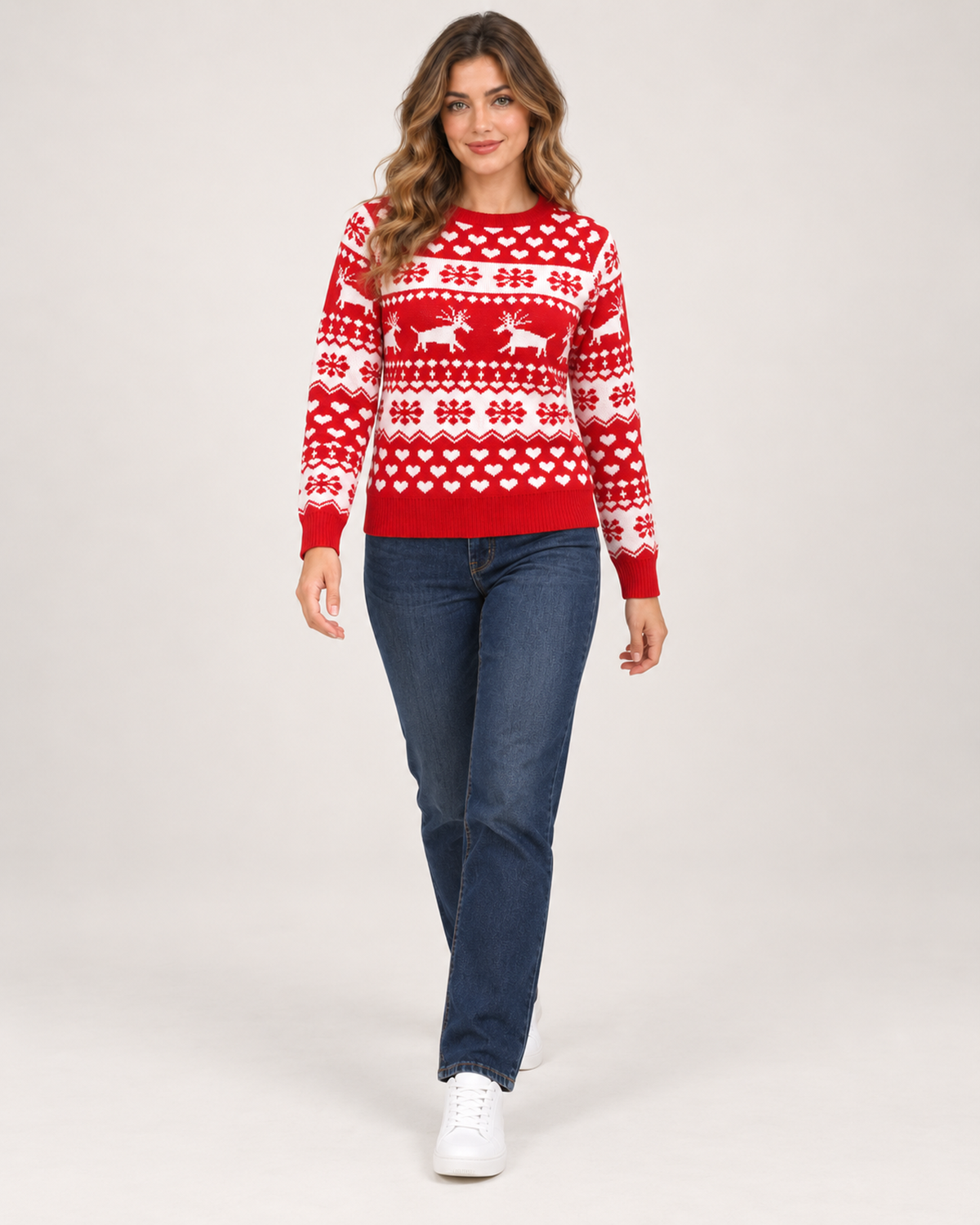 Women’s Christmas Jumper with Reindeer and Heart Pattern in Red, full body view