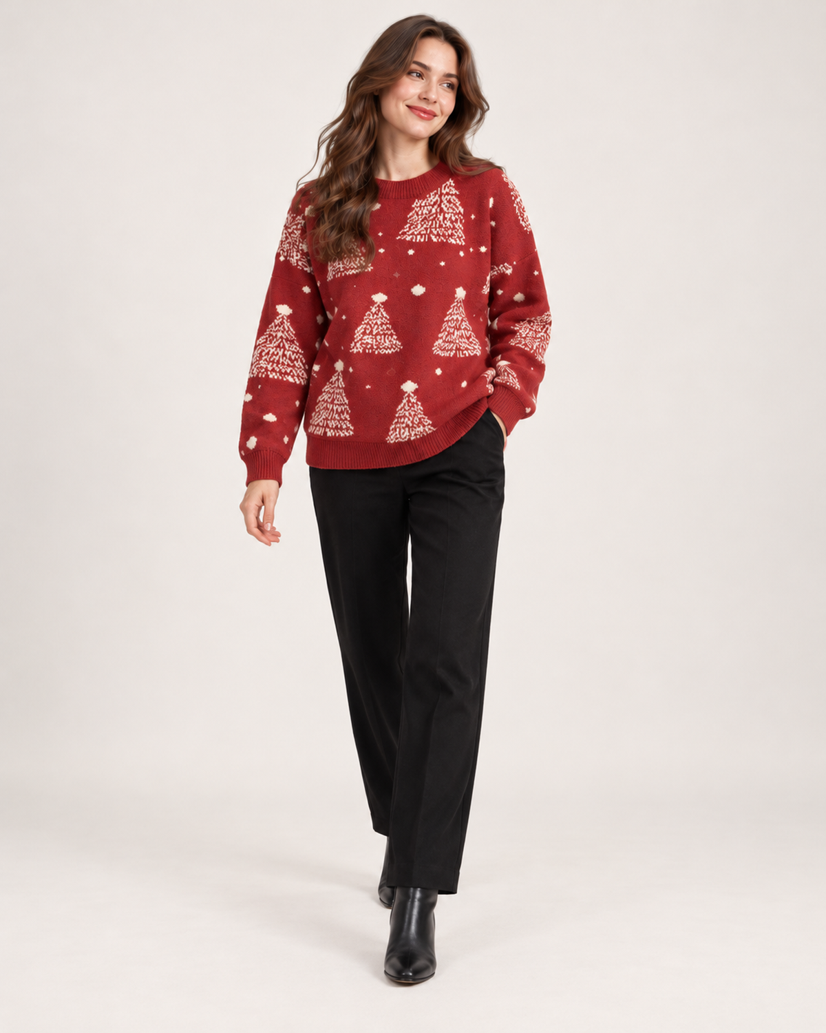 Women’s Christmas Jumper with Christmas Tree Pattern in Red, full body view