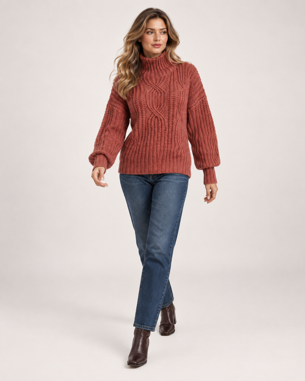 Women’s Cable Knit Jumper with Roll Neck and Balloon Sleeves in Red, full body view