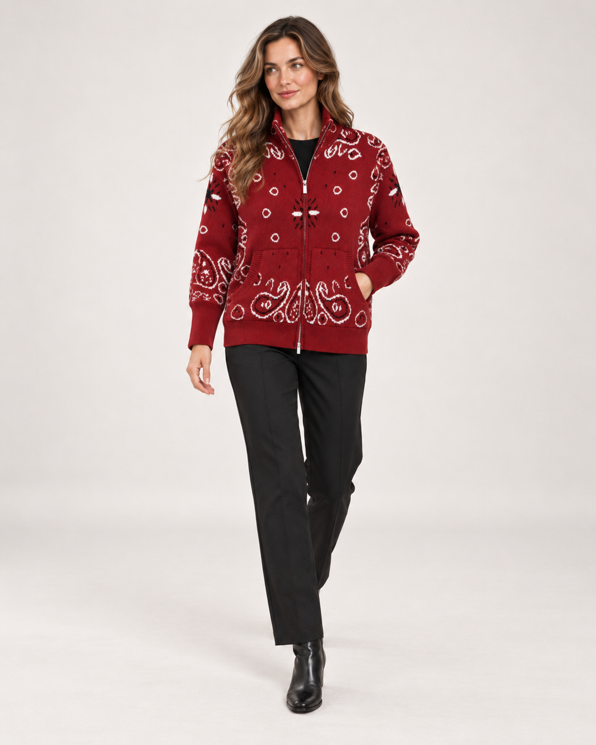 Women's Knitted Cardigan with Zip Front and High Neck product view