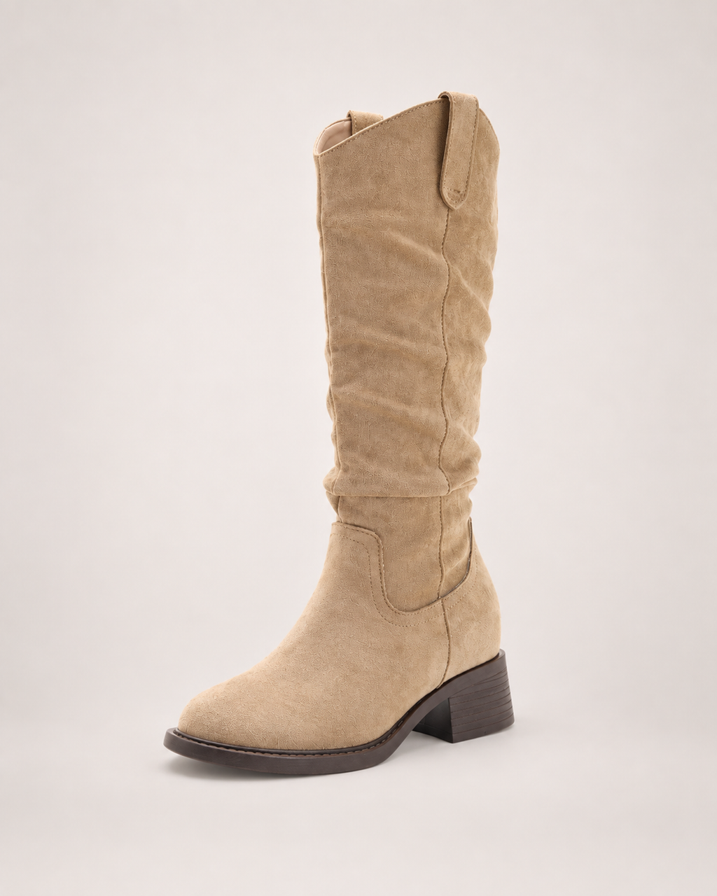 Women’s Knee High Boots with Round Toe and Chunky Heel in Beige, single boot outer three quarter view
