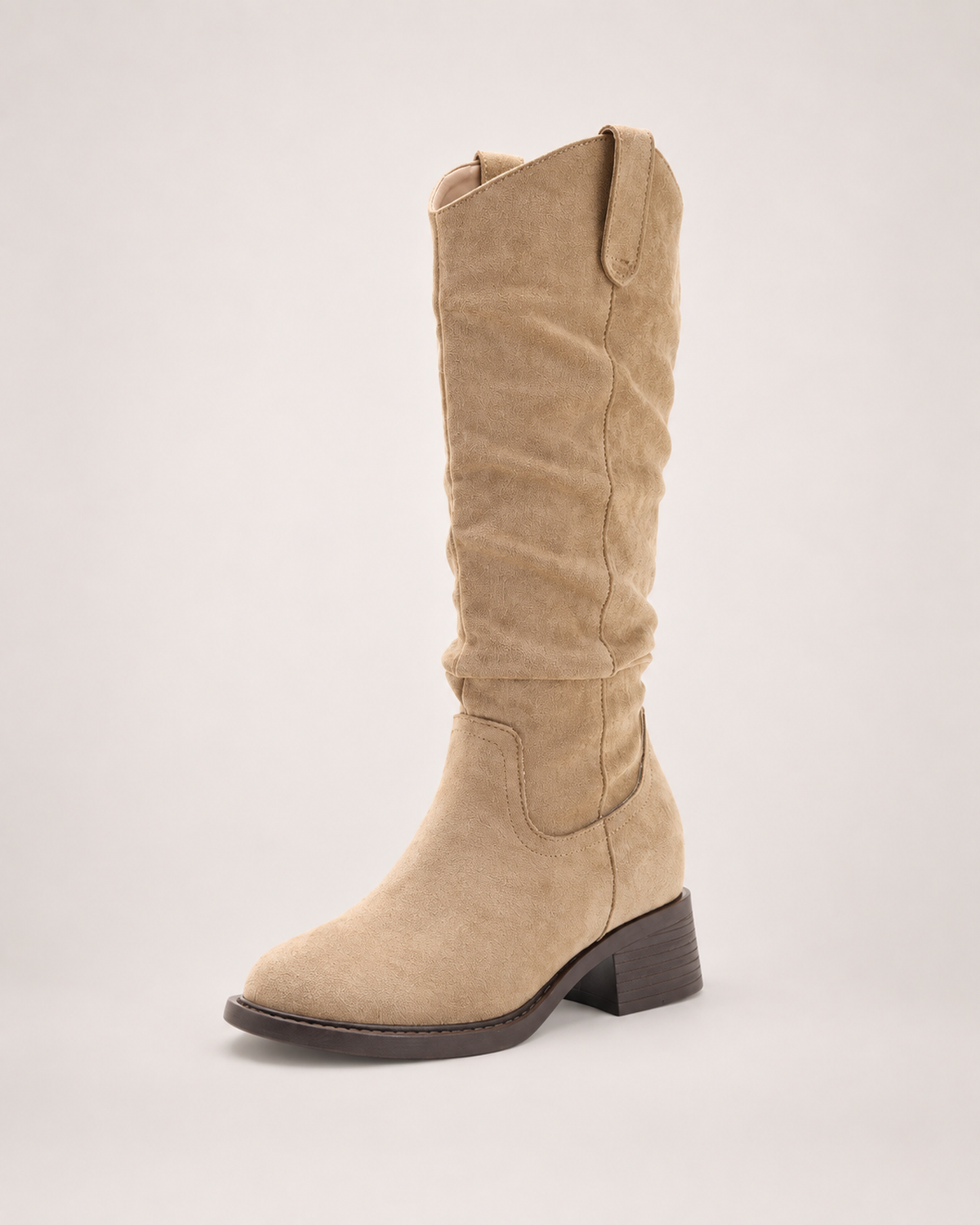 Women’s Knee High Boots with Round Toe and Chunky Heel in Beige, single boot outer three quarter view