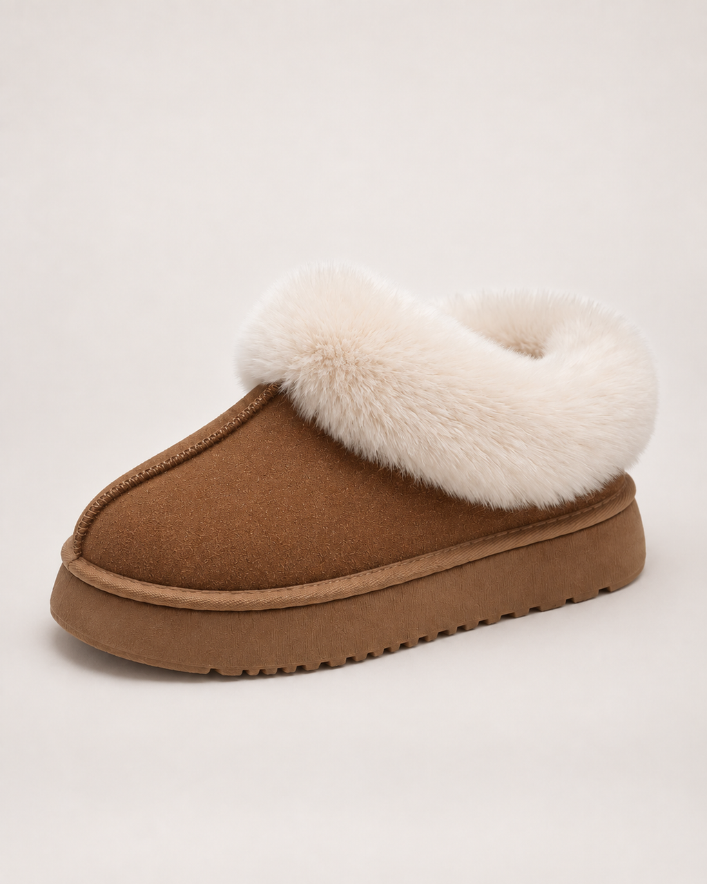 Women’s Platform Slippers with Fluffy Collar in Chestnut Brown, single boot outer three quarter view
