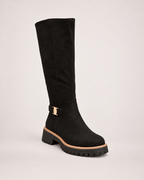 Women’s Black Knee High Boots with Chunky Sole and Buckle Detail in Black, single boot outer three quarter view