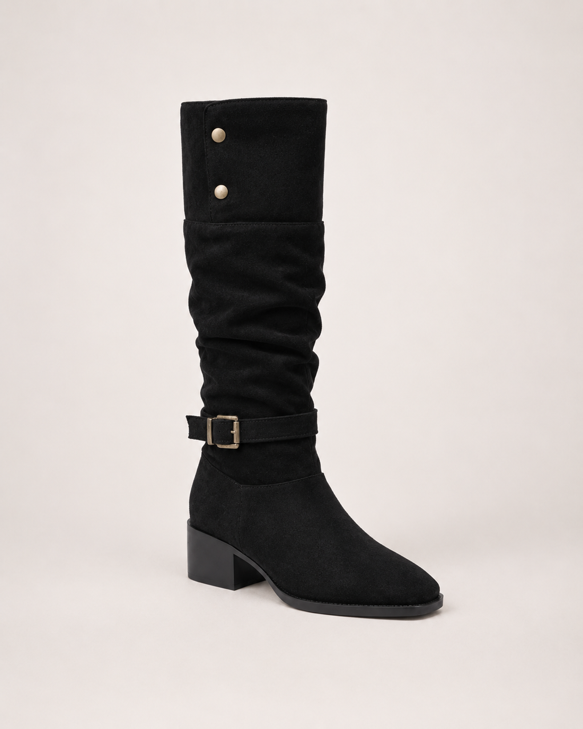 Women’s Knee High Boots with Slouch Shaft and Block Heel in Black, single boot outer three quarter view