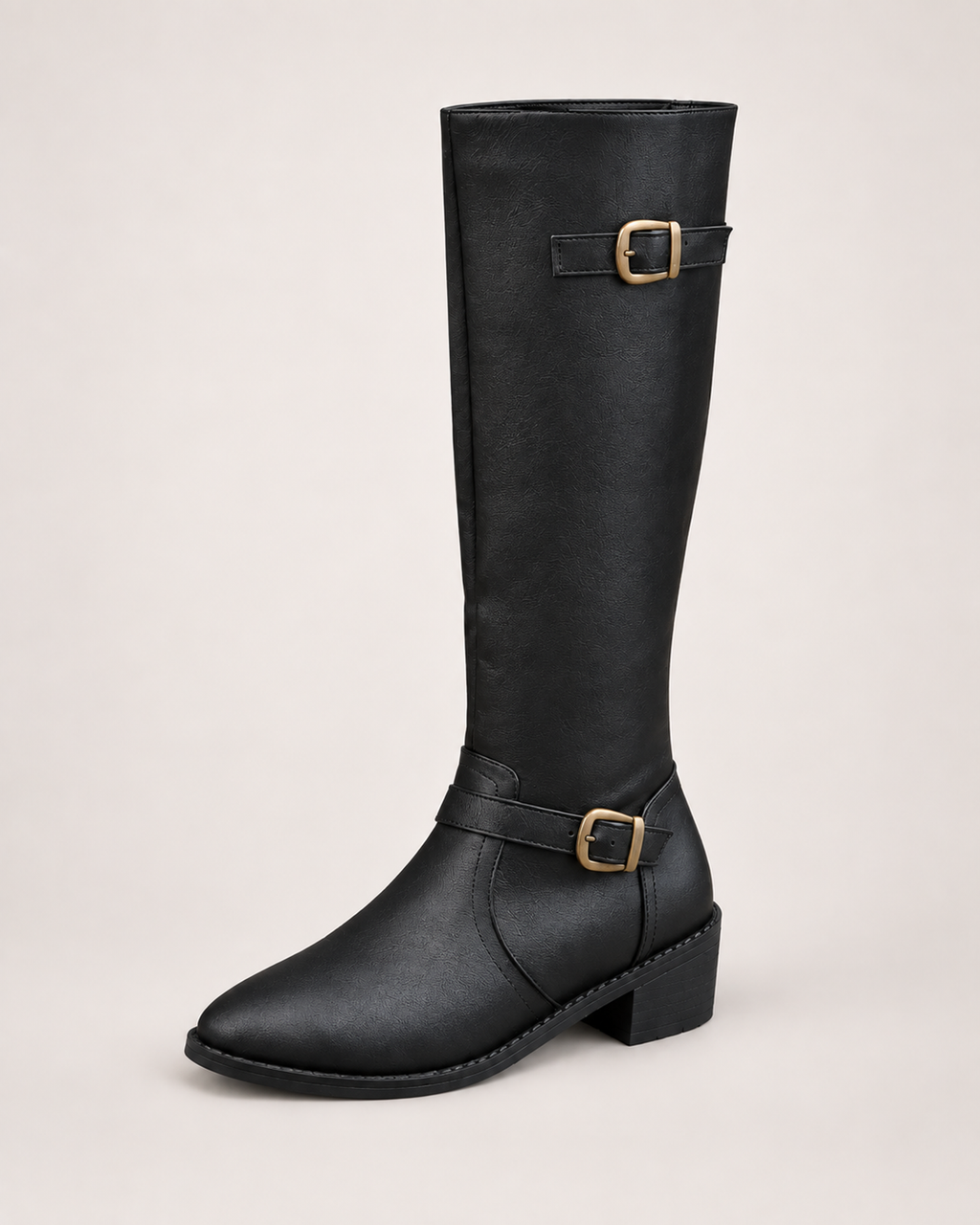 Women’s Knee High Boots with Riding Shape and Buckle Detail in Black, single boot outer three quarter view