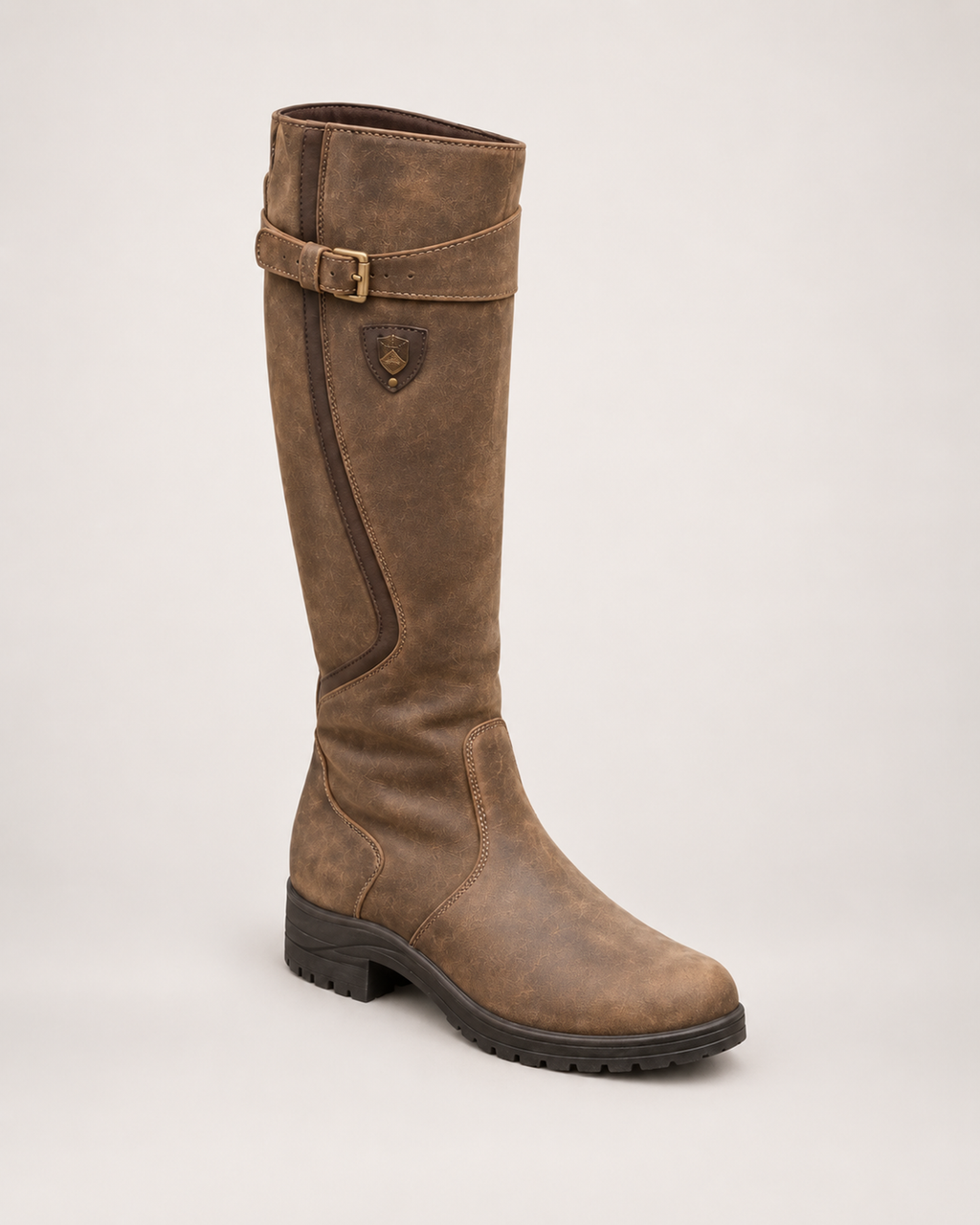 Women’s Riding Boots with Buckle Detail and Low Heel in Brown, single boot outer three quarter view