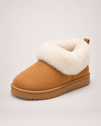 Women’s Slipper Boots with Fluffy Cuff and Platform Sole in Camel, single boot outer three quarter view