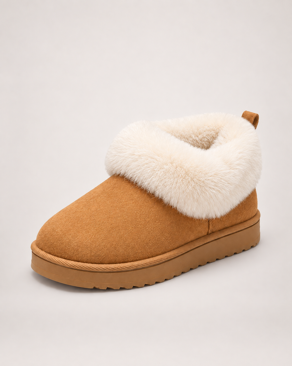Women’s Slipper Boots with Fluffy Cuff and Platform Sole in Camel, single boot outer three quarter view