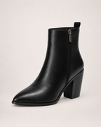 Women’s Heeled Ankle Boots with Side Zip in Black, single boot outer three quarter view