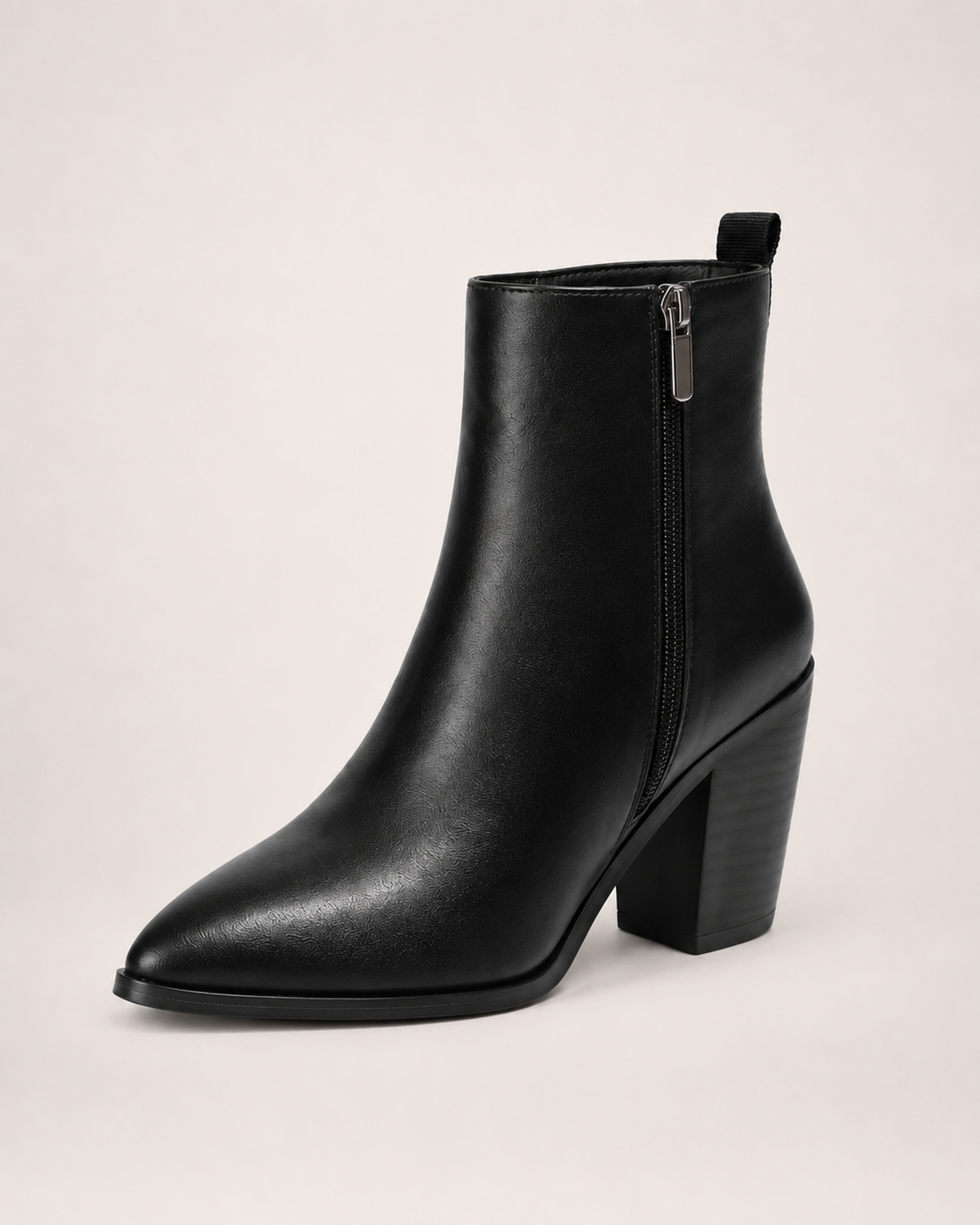 Women’s Heeled Ankle Boots with Side Zip in Black, single boot outer three quarter view