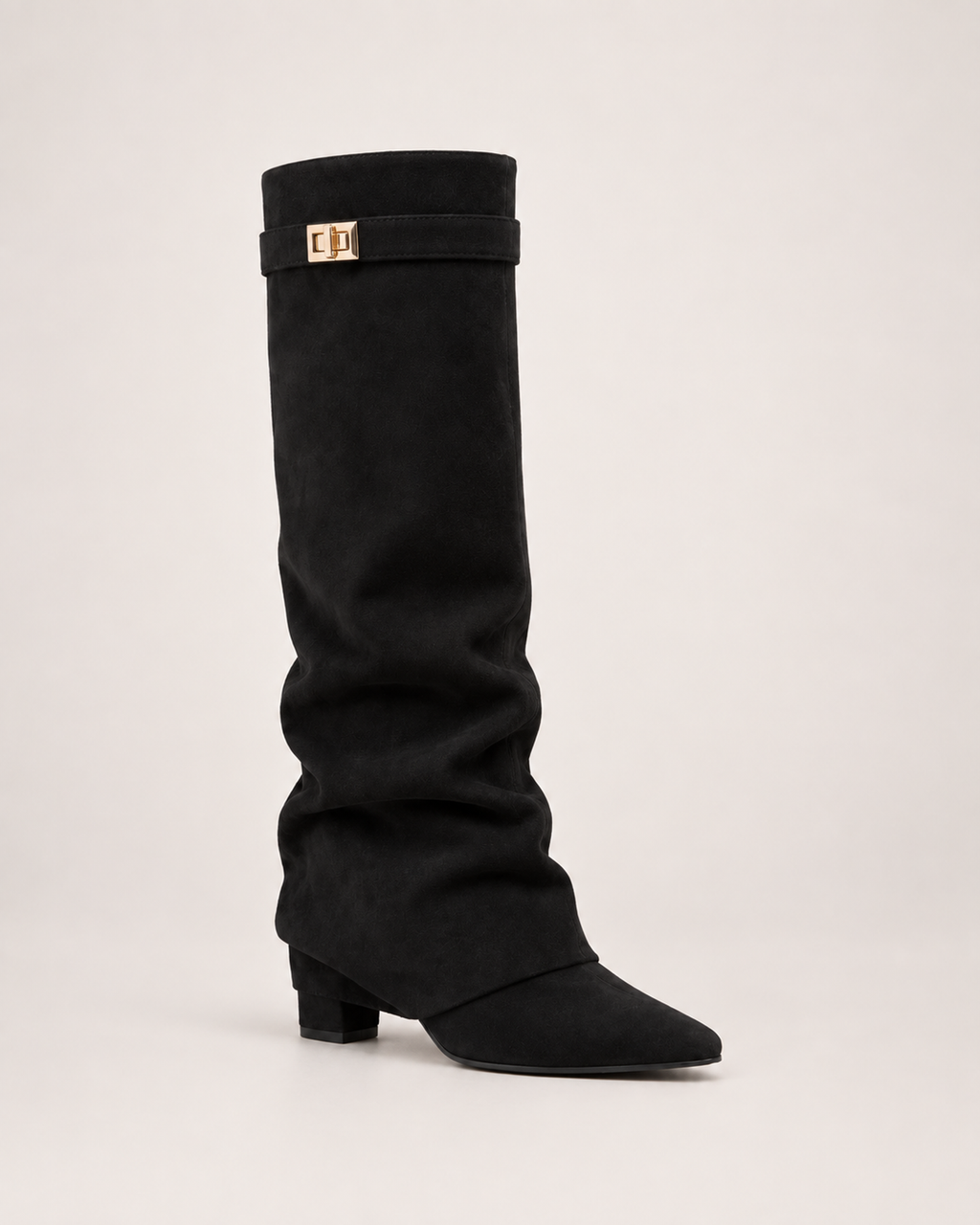 Women’s Knee High Boots with Pointed Toe and Metal Buckle in Black, single boot outer three quarter view