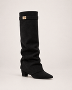 Women’s Knee High Boots with Pointed Toe and Metal Buckle in Black, single boot outer three quarter view