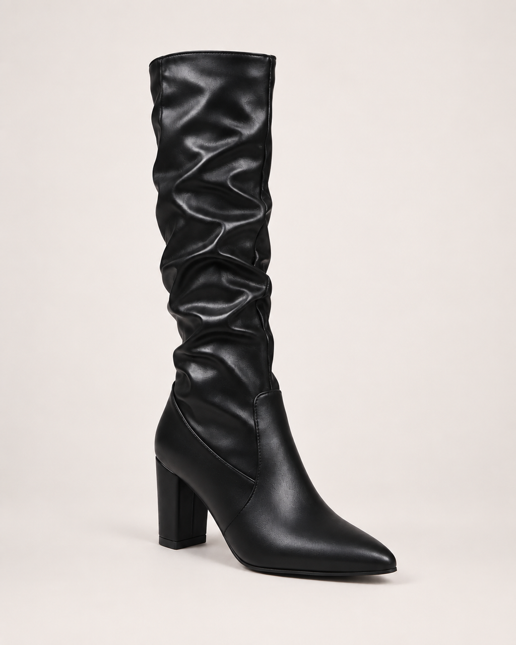 Women’s Knee High Boots with Pointed Toe and High Heel in Black, single boot outer three quarter view