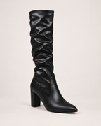Women’s Knee High Boots with Pointed Toe and High Heel in Black, single boot outer three quarter view