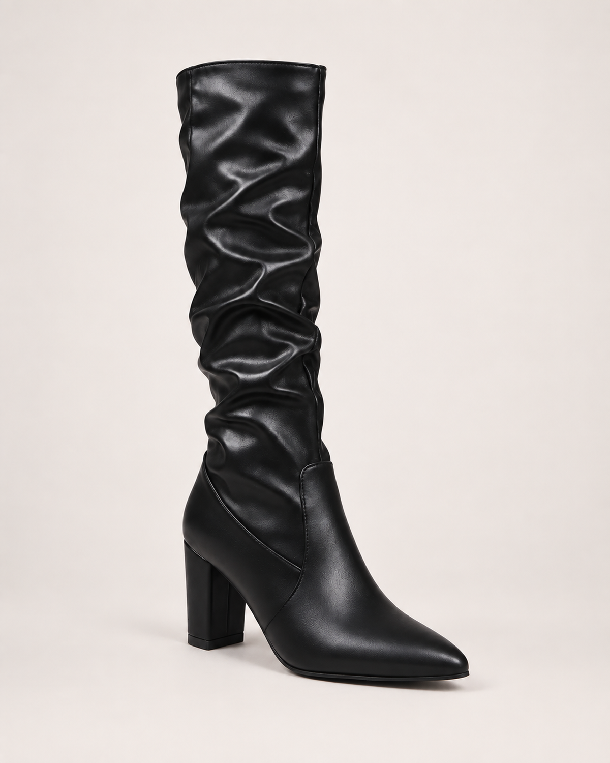 Women’s Knee High Boots with Pointed Toe and High Heel in Black, single boot outer three quarter view