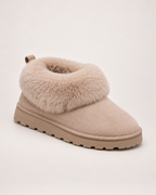 Women’s Slipper Boots with Fold-Down Fluffy Cuff in Taupe, single boot outer three quarter view