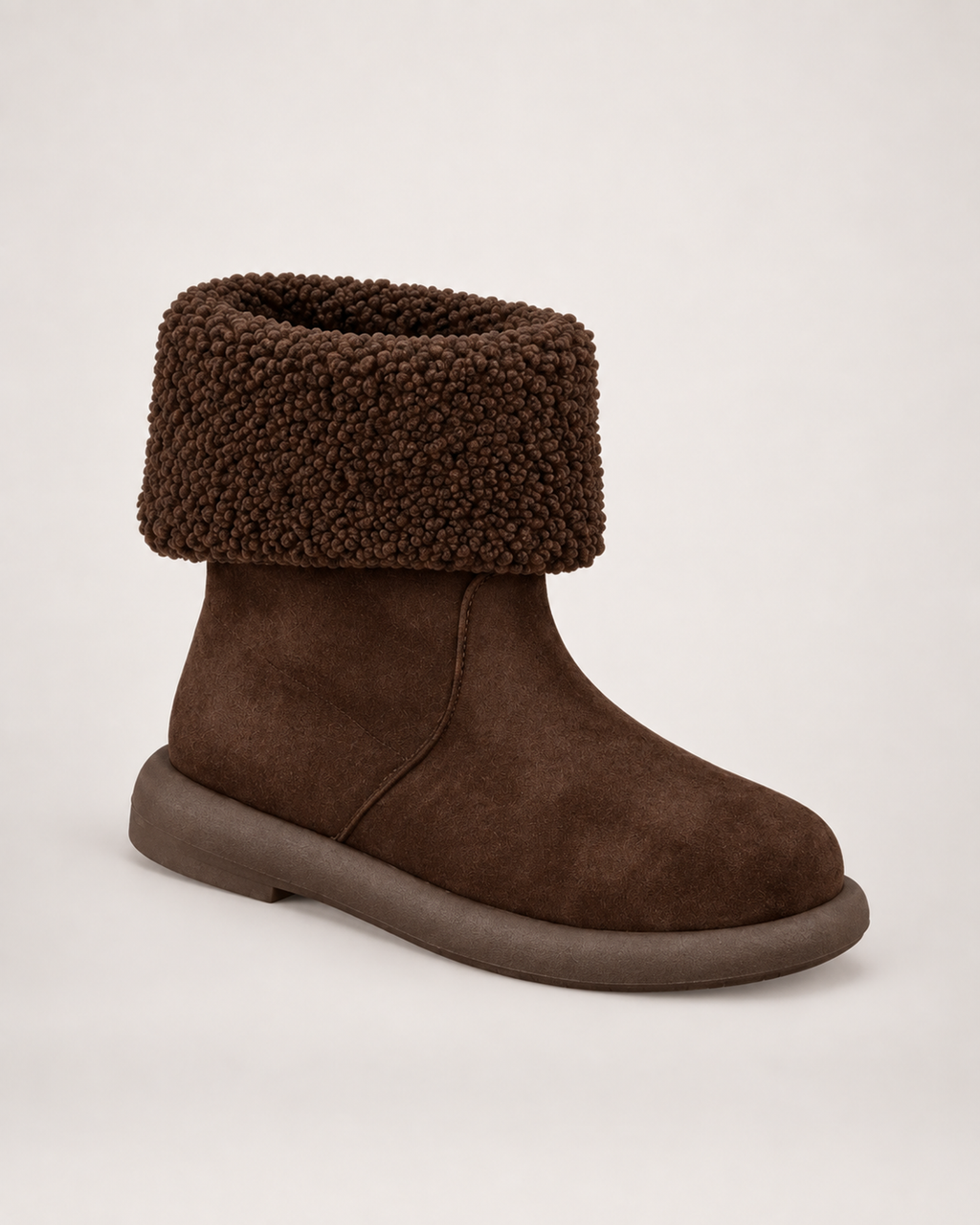 Women’s Mid Calf Boots with Fold-Down Fluffy Cuff in Dark Brown, single boot outer three quarter view