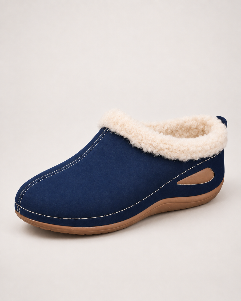 Women’s Slipper Clogs with Plush Lining and Wedge Sole in Navy Blue, single boot outer three quarter view