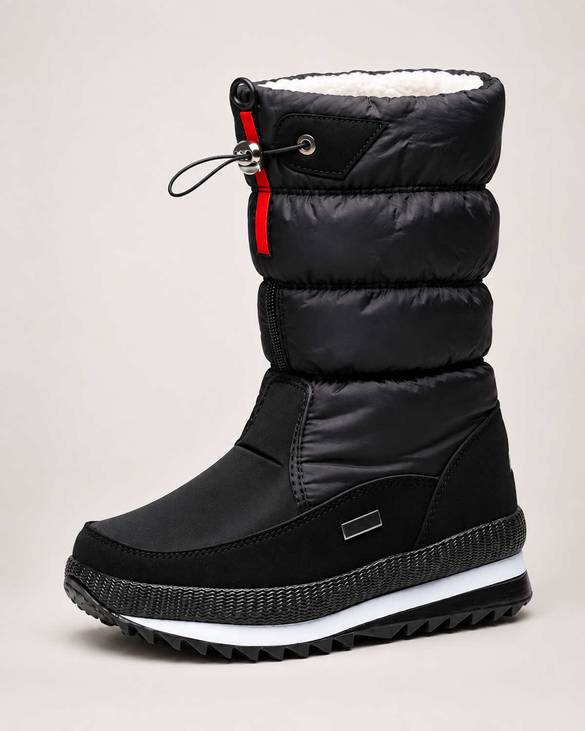 Women’s Snow Boots with Quilted Shaft and Treaded Sole in Black, single boot outer three quarter view